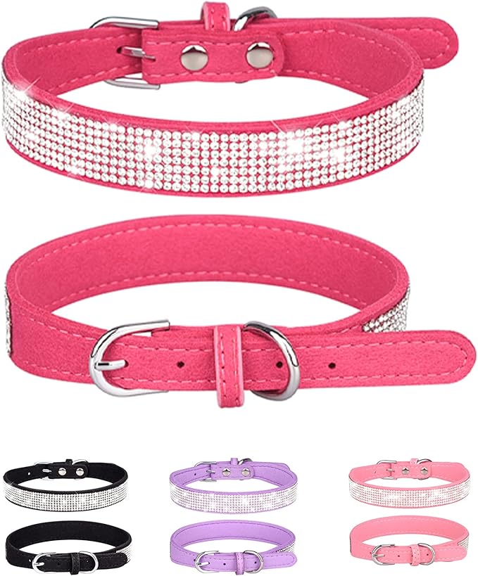 Dog Collar for Small Dogs, Adjustable Leather Suede Bling Dog Collars，Rose Red Dog Collar Cat Collar, Rhinestone Dog Collar (XS, Rose red)
