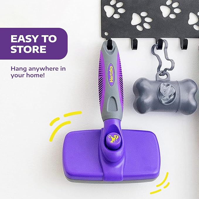 Hertzko Self-Cleaning Slicker Brush - Cat and Dog Brush for Shedding, Tangles and Dirt - Gentle Grooming Tool for Sensitive Skin - Pet Hair Remover for Long and Short Coats - Purple