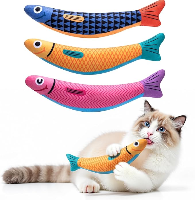 Interactive Cat Toys with[5000mg Premium A+Catnip &Silvervine][Baby Grade] Soft Chew Kicker Cat Toys for Indoor Cats & Kittens, Crinkle &Rattle Fish Sound Toy, Drives Bored Cats Crazy with Fun,3 Pack