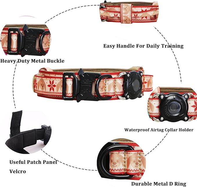 Christmas Tactical Dog Collar and Leash Set with Airtag Holder Waterproof Dog Airtag Collar with Handle Adjustable Heavy Duty Dog Collar Leash Set(Christmas Red，L