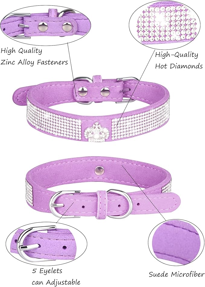 Dog Collar for Small Dogs, Adjustable Leather Suede Bling Dog Collars，Pink Dog Collar Cat Collar, Rhinestone Dog Collar (XS, purple3)