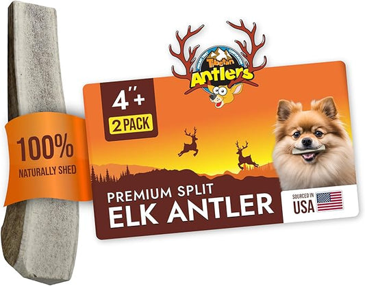 Tibetan Elk Antler for Dogs, Grade-A, 4"+ Premium Chews, Pack of 2, Naturally shed Healthy & Longer Lasting Aggressive chewers, USA Product Antler (Split)