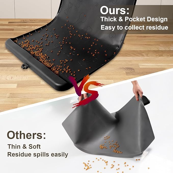Dog Food Mat - Silicone Dog Mat for Food and Water - 36" x 24" Large Pet Feeding Mats with Residue Collection Pocket - Waterproof Cat Bowl Mat with High Edges to Prevent Water Food Spills (Black)