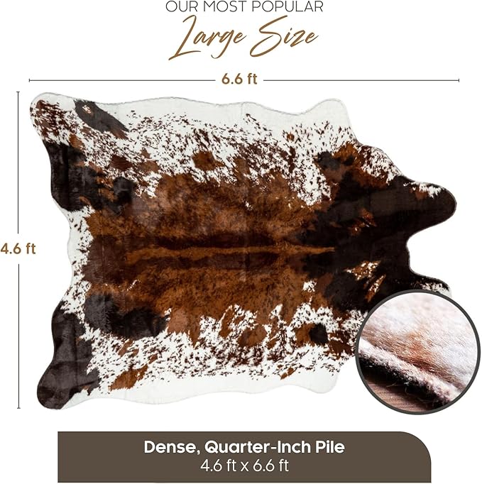NativeSkins Faux Cowhide Rug 4'7" x 6'7" ??Brown Cow Print Area Rug for Living Room & Bedroom ??Non-Shedding, Flat-Lay, Pet-Friendly ??Faux Suede Grip Backing ??Vegan Western Farmhouse Decor