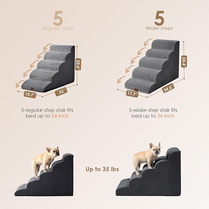 EHEYCIGA Curved Dog Stairs Ramp for High Beds, 5-Step Extra Wide Dog Steps for Small Dogs and Cats, Pet Stairs for High Bed Climbing, Non-Slip Balanced Pet Step Indoor, Grey