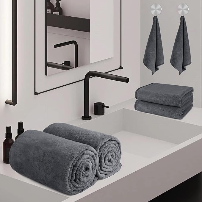 Orighty 6-Piece Towel Set - Soft & Lightweight - 2 Bath Towels, 2 Hand Towels, and 2 Wash Cloths - Absorbent & Quick Drying Microfiber Towel for Multipurpose, Bathroom, Gym, Sport, Yoga, Travel-Grey