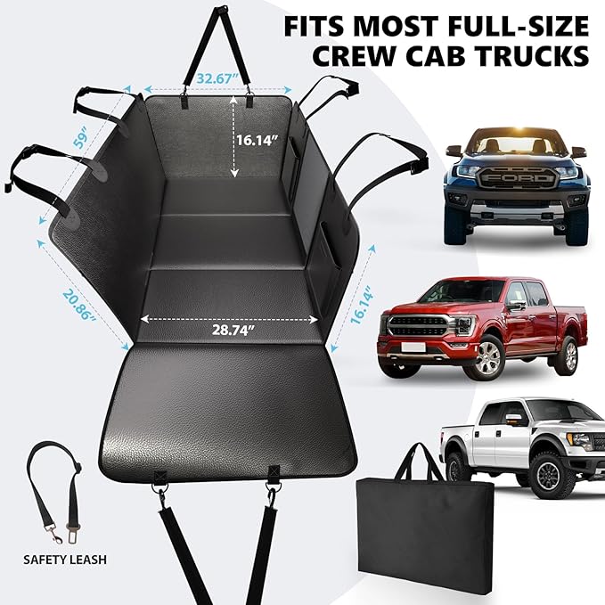 Truck Dog Seat Cover Back Seat, Hard Bottom Dog Hammock for Car, Waterproof XL Large Soft Pet Extender Travel Bed Supports 400lbs, Durable Platform Protector Full Size Crew Cab Rear Seat