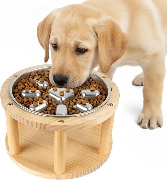 Vivifying Elevated Dog Bowl, Height-Adjustable Pine Wood Stand with Stainless Steel Slow Feeder Bowl, Available in Two Heights 5.9" & 10.6", Fits Small, Medium & Large Dogs