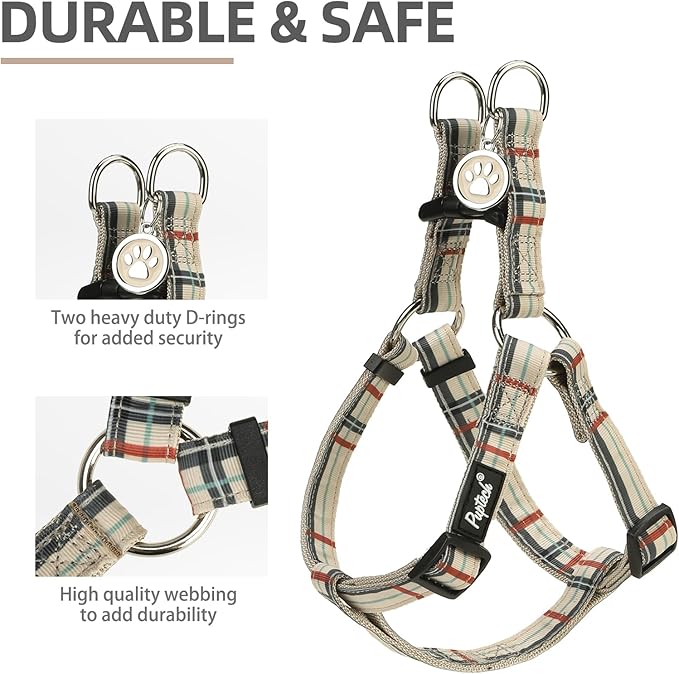 PUPTECK No Pull Dog Harness Soft Adjustable Basic Nylon Step in Puppy Vest Outdoor Walking with ID Tag, Plaid Beige, M
