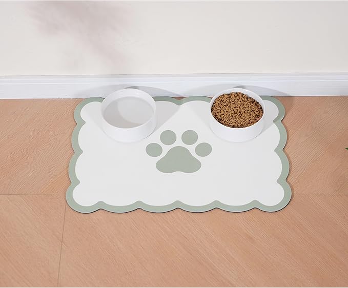Ralxion Scalloped Dog Feeding Mat, Absorbent Mats for Dog Food and Water Bowl, Dispenser, Cute Elegant Aesthetic Preppy Sage Green Scallop Pet Placemat for Dogs, Cats, Puppy Accessories, 14" X 19”