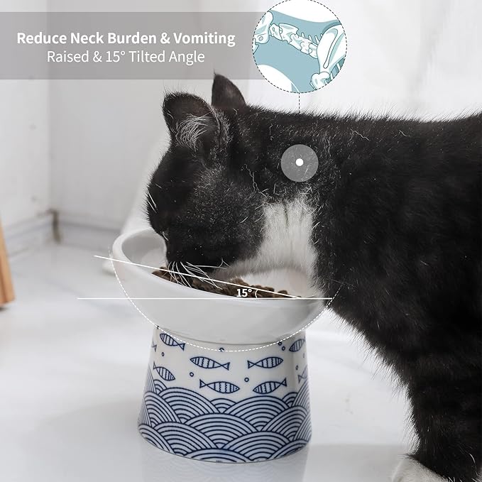 OMAYKEY Ceramic Raised Cat Bowls, Elevated Tilted Cat Food and Water Bowls Set, Porcelain Stress Free Pet Feeder Dish for Cats and Small Dogs, Dishwasher and Microwave Safe, Set of 2