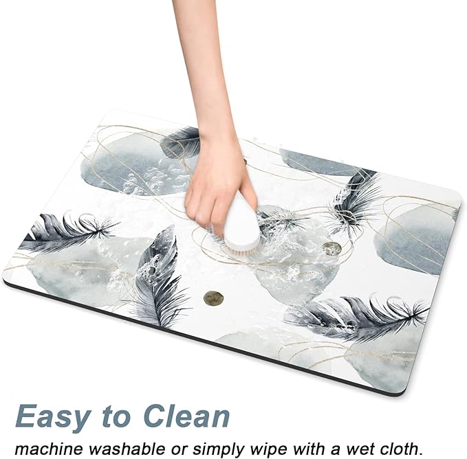 Rnivvi Dog Food Mat, 12" x 19" Absorbent Dog Cat Bowl Mat for Food and Water, Cute Anti-Slip Rubber Pet Feeding Rug Protect Floors, Puppy Placemat for Feeding & Watering Supplies, Abstract Plume