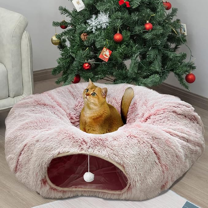 AUOON Cat Tunnel Bed for Indoor Cats - Circle Peekaboo Cat Cave with Washable Mat for Indoor Cats Kitten Kitty Puppy Rabbit Ferret (Light Pink)