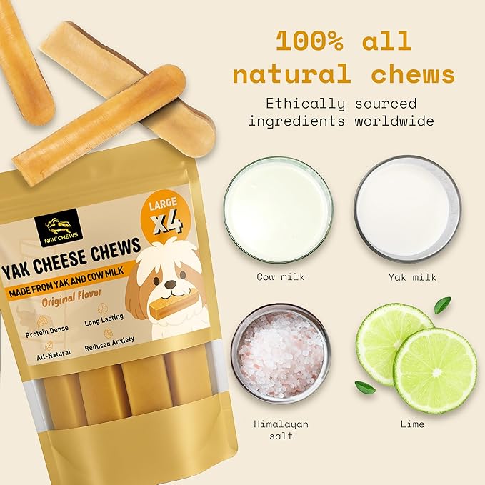 Himalayan Yak Cheese Dog Chews - Natural Healthy & Safe Treat for Large Dogs - Long Lasting Dental Chew Rich in Protein & Calcium - Gluten-Free Lactose-Free - 4 Chews for Large Dogs