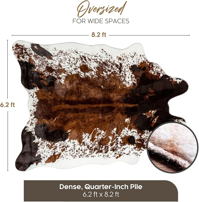 NativeSkins Faux Cowhide Rug 6'3" x 8'2" ??Brown Cow Print Area Rug for Living Room & Bedroom ??Non-Shedding, Flat-Lay, Pet-Friendly ??Faux Suede Grip Backing ??Vegan Western Farmhouse Decor