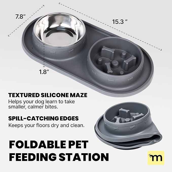 MalsiPree 2-in-1 Puppy Slow Feeder & Water Bowl Set - Essential Dog Gift for Small & Medium Pups - Silicone Feeding Mat & Stainless Steel Bowls, Travel-Ready Training Station for Fast Eaters - Gray