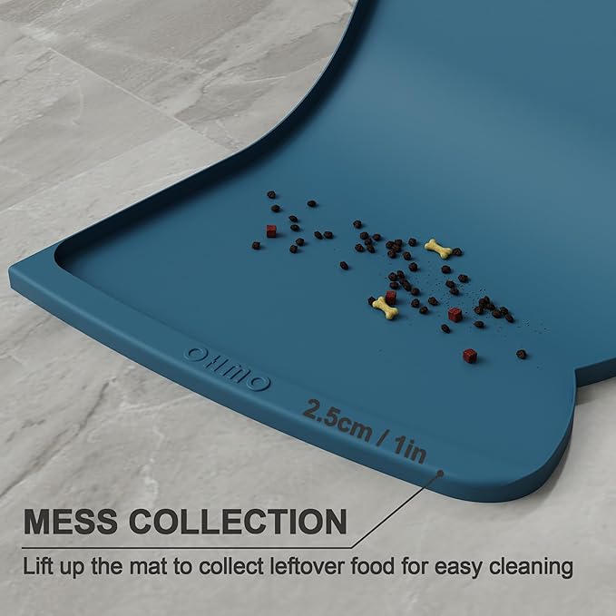 OHMO Dog Food Mat(Teal, 24 * 15'') w/Residue Collection Pocket Silicone Pet Feeding Mat for Floor High Edges Anti Spills Waterproof Cat Water Bowl Tray, Easy Clean Placemat