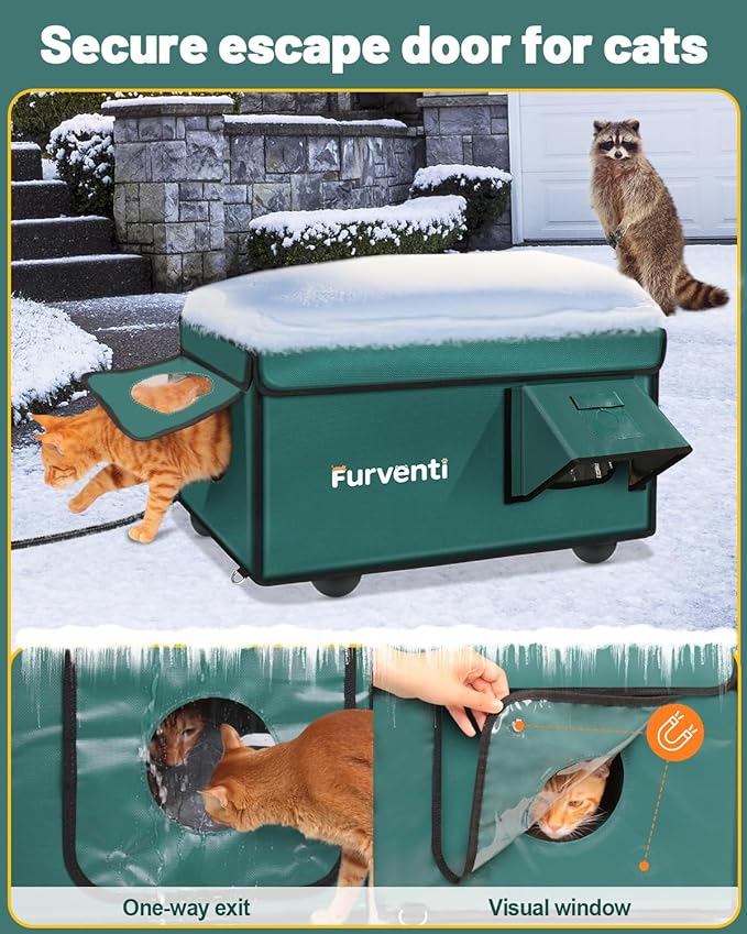 Heated Cat House for Outside with Dual Doors, Insulated Cat House Outdoor with Heating Pad, Weatherproof Heated Outdoor Cats Houses Waterrproof for Feral Cats (Deep Green, 25" L x 16" W x 13" H)