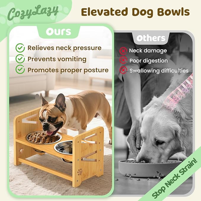 Elevated Dog Bowls, 4 Height Adjustable Raised Dog Bowl Stand with 2 Stainless Steel Bowls for Large, Medium and Small Dogs and Cats, 11" High Bamboo Pet Food Feeder