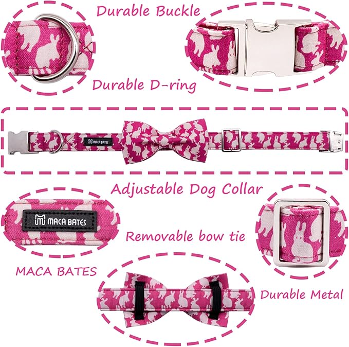 Maca Bates Easter Day Rabbit Dog Collar with Fancy Bow Tie for Extra Small Girl Boy Dogs, Pink Bunny Pattern,Adjustable Durable Soft Breakaway Collars for Male Female Puppy