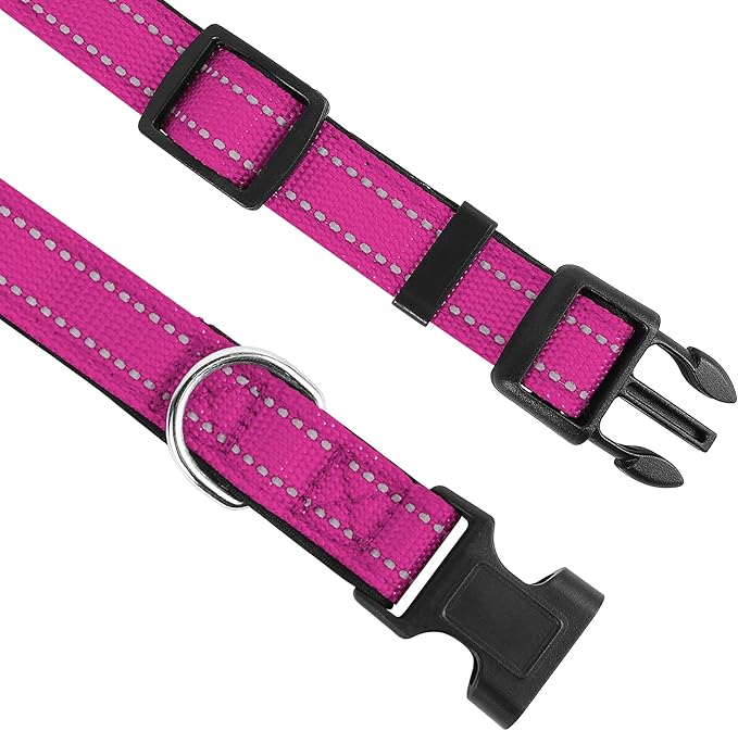 Reflective Dog Collar, Adjustable Soft Neoprene Padded Nylon Pet Collars with Buckle for Puppy and Small Dogs, Cats,Rose Red,XS