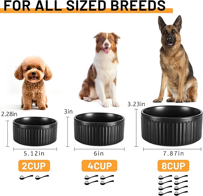 Non-Slip Ceramic Dog Bowls,6" Dog Food and Water Bowl Set with Silicone Base, 32oz/4cups Weighted Flip-Proof Pet Feeding Bowl for Medium Dogs (2Pack,Black)