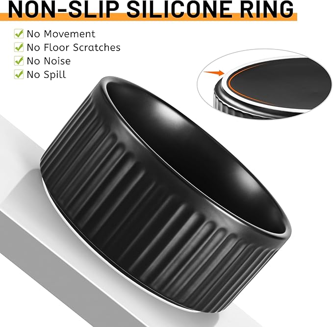 Non-Slip Ceramic Dog Bowls,8" Dog Food and Water Bowl Set with Silicone Base, 64oz/8cups Weighted Flip-Proof Pet Feeding Bowl for Medium and Large Dogs (2Pack,Black)