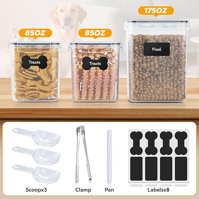 Dog Treat Storage Container Airtight for Countertop, Dog Treat Jar with Lid for Food Storage Organizer, 3 Pack Pet Food Holder for Kitchen with Scoops, Gift for Pet Owners