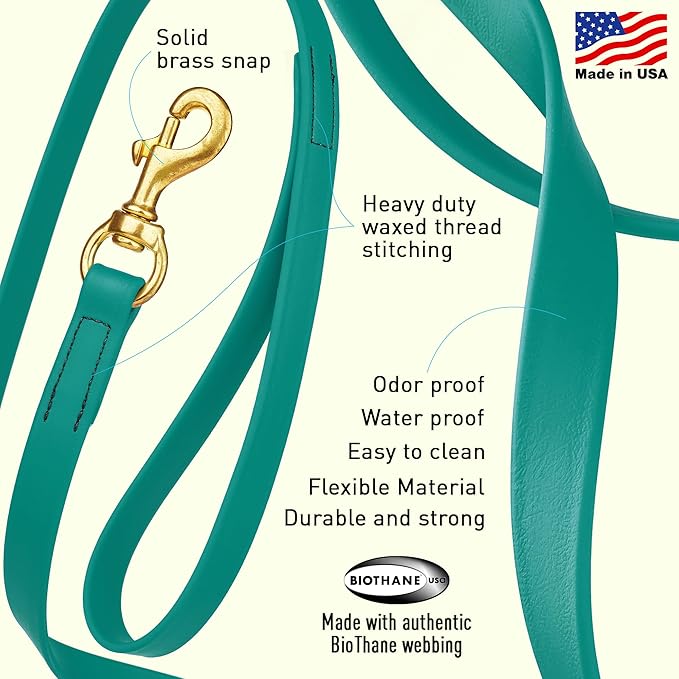 Viper Biothane K9 Working Dog Leash Waterproof Lead for Tracking Training Schutzhund Odor-Proof Long Line with Solid Brass Snap for Puppy Medium and Large Dogs, 10ft Blue Aqua