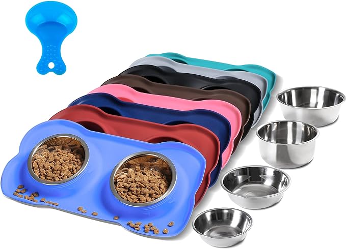 Hubulk Pet Dog Bowls 2 Stainless Steel Dog Bowl with No Spill Non-Skid Silicone Mat + Pet Food Scoop Water and Food Feeder Bowls for Feeding Small Medium Large Dogs Cats Puppies (Small, Blue)
