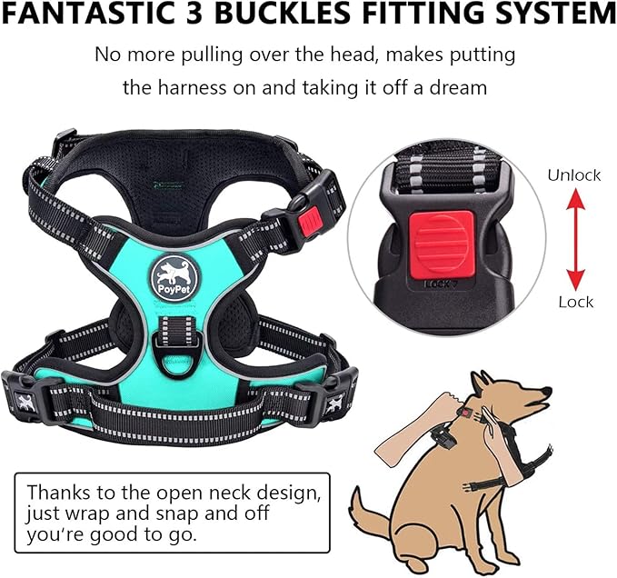 PoyPet Dog Harness No Pull, Reflective Adjustable No Choke Pet Vest with Front & Back Clips, Soft Padded and Control Training Handle for Large Dogs(Mint Blue,XL)
