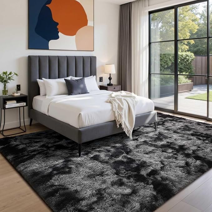 5x8 Ft Large Shag Rugs for Bedroom Living Room Decor for Men Boys, Tie Dyed Ultra Soft Fluffy Furry Area Rug for Indoor Floor, Aesthetic Carpet for Home Decor (Dark Grey)