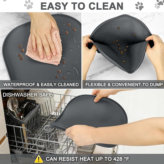 Small Silicone Pet Food Mat with Raised Edge for Food and Water Bowl, Square Dog Feeding Mats, Cat Food Trays for Floor Waterproof, Rubber Tray for Dogs and Cats, 12 x 12 x 0.7 Dark Grey