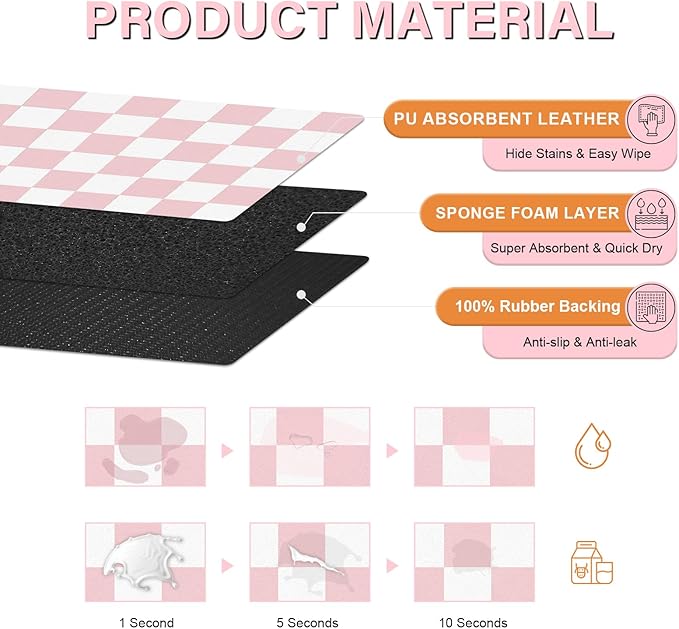 Pet Feeding Mat, 16"x 24" Absorbent Dog Food Mat, Checkered Cat Bowl Mats, Easy to Clean Pet Placemats, Quick Dry Dog Water Dispenser Mats for Messy Drinkers, Pink & White