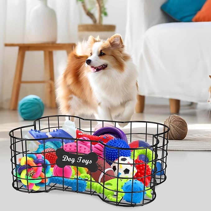 Geyecete Dog Toy Basket, Bone Shaped, Black, Metal, Storage, Pet Accessories Dog Storage Organizer Dog Toy bin Dog Toy Box Dog Toy-L