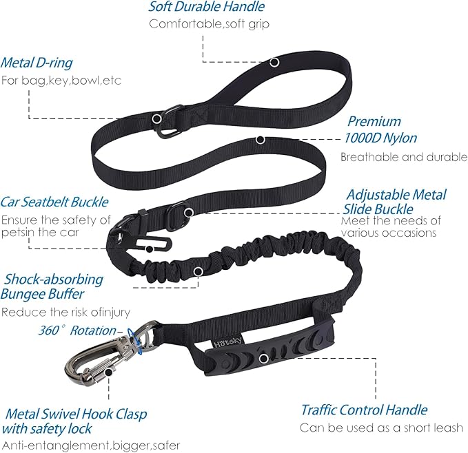 Hotsky Tactical Dog Leash Heavy Duty for Medium Large Dogs That Pull,4-6Ft Strong Bungee Shock Absorbing No Pull Dog Leash with Padded Double Handle and Car Seatbelt,Purple Camo