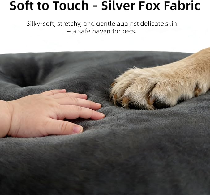 Washable Large Dog Bed 35x22 Inch - Silver Fox Faux Fur Supportive Pad, Non-Slip Bottom Durable Oval Pet Bed Indoor Outdoor for Medium Dogs Cats(Dark Grey)