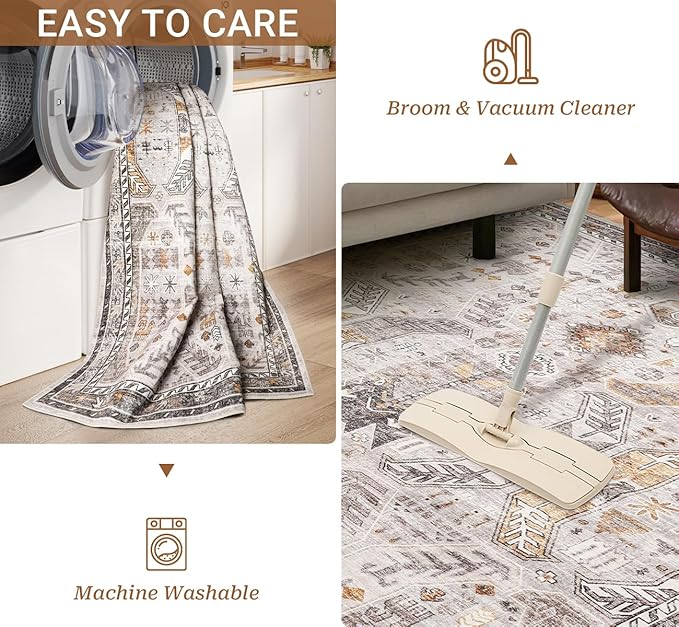 6x9 Area Rugs for Living Room - Stain Resistant Machine Washable Rugs for Bedroom,Non-Slip Backing Large Area Rug (Brown/Gold, 6'x9')