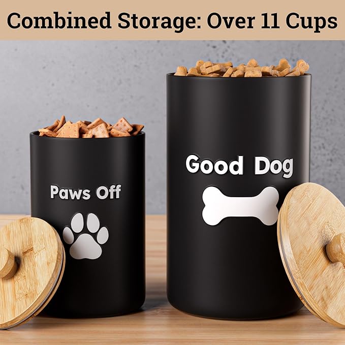 Dog Treat Container Airtight Set of 2 - 9x5 & 7x4 inch Ceramic Dog Treat Jars for Kitchen Counter with Airtight Lids - 11 Cup Capacity Pet Treat Container Set - Doggie Cookie Jar - Big Treats Canister