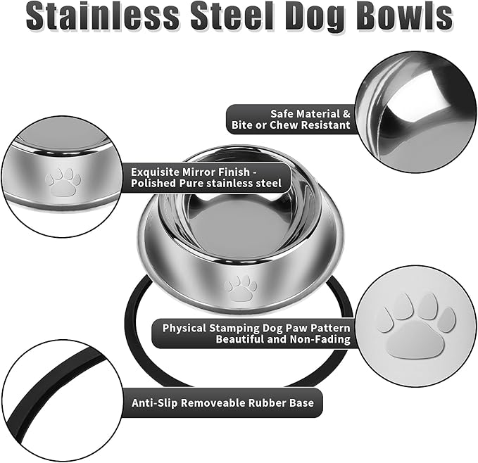 3Pcs Stainless Steel Dog Bowls Set with Dog Paw Pattern- Non-Slip Food and Water Bowl 20 Oz - Dishwasher-Safe, Rust Resistant Metal Pet Bowls for Small/Medium/Large Sized Pets