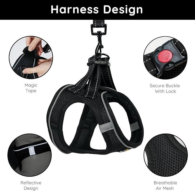 BELLA & PAL Step in Vest Harness for Small and Medium Dogs, No Pull Small Dog Harness with Leash Set, Comfortable Air Mesh Dog Vest Harness with Reflective Strip (Deep Black, XXS)