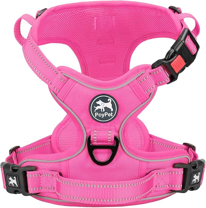 PoyPet No Pull Dog Harness, No Choke Reflective Dog Vest, Adjustable Pet Harnesses with Easy Control Padded Handle for Small Medium Large Dogs(Pink Matching Trim,L)