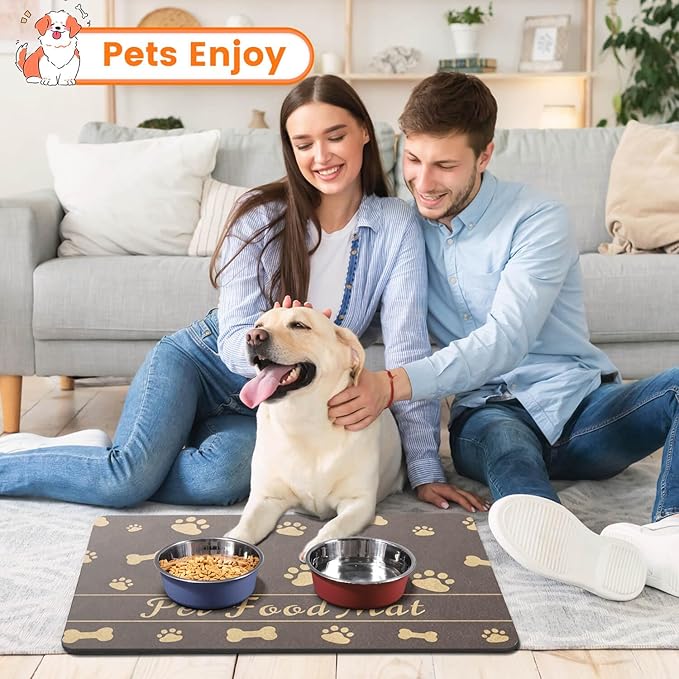 Pet Feeding Mat-Absorbent Pet Placemat for Food and Water Bowl, with Waterproof Rubber Backing, Quick Dry Water Dispenser Mat for Dog and Cat (24"x16", Brown)