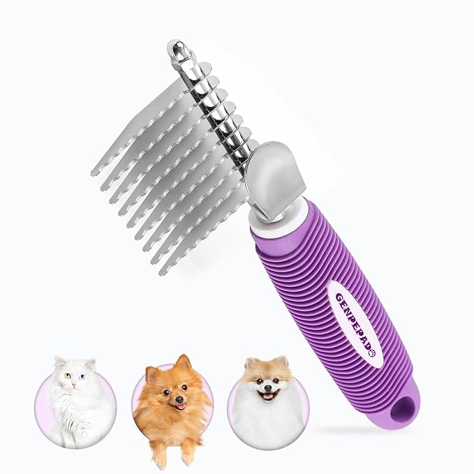 Dematting Undercoat Rake Comb for Dogs & Cats with Long 2.5-In Stainless Steel Safety Blades for Removing Knots, Mats & Tangles - Pet Grooming Deshedding Brush Tool with Anti-Slip Grip