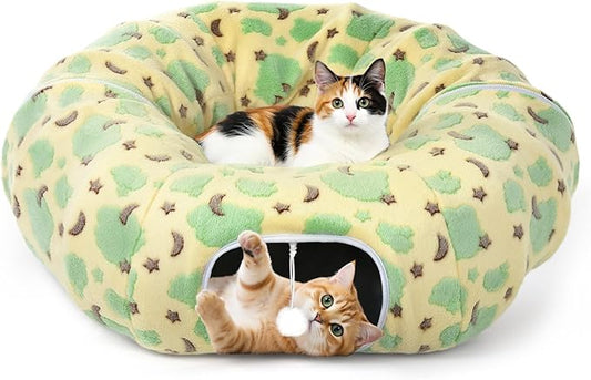 Cat Tunnels for Indoor Cats, 35'' Plush Cat Tunnel Bed with Playful Ball and Circle Cushion, Multifunctional Peekaboo Cat Cave, Interactive Toy Gift for Cats, Kittens, Rabbits, Yellow&Cloud