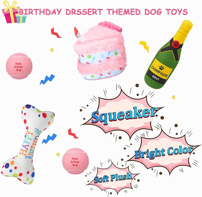 10 Pcs Dog Birthday Toy Set Dog Birthday Cake Bone Wine Bottle Hat Bib Ball Card Ribbon Plush Pet Gifts for Small Medium Puppy Squeaky Dogs Pet Toy Party Supplies(Pink)