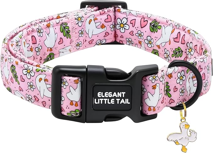 Elegant little tail Dog Collar, White Goose Print Spring/Summer Soft Cotton Puppy Collars Adorable Female or Male Pet Gift Lightweight Plastic Adjustable Dog Collar for Small Dogs