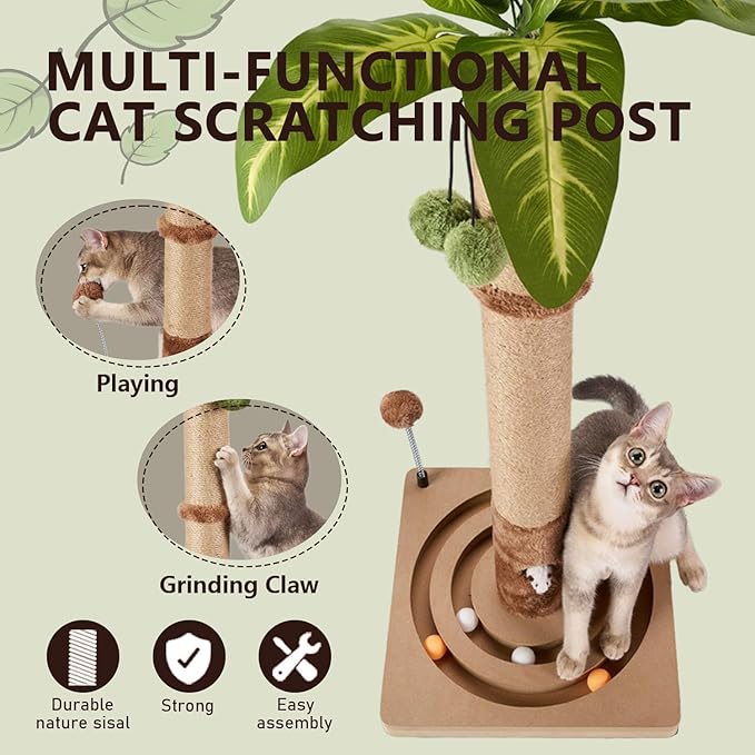 MECOOL 35in Tall Cat Scratching Post Sturdy and Premium Scratch Posts with Hanging Ball and Ball Track Cute Cat Tree for Indoor Cats