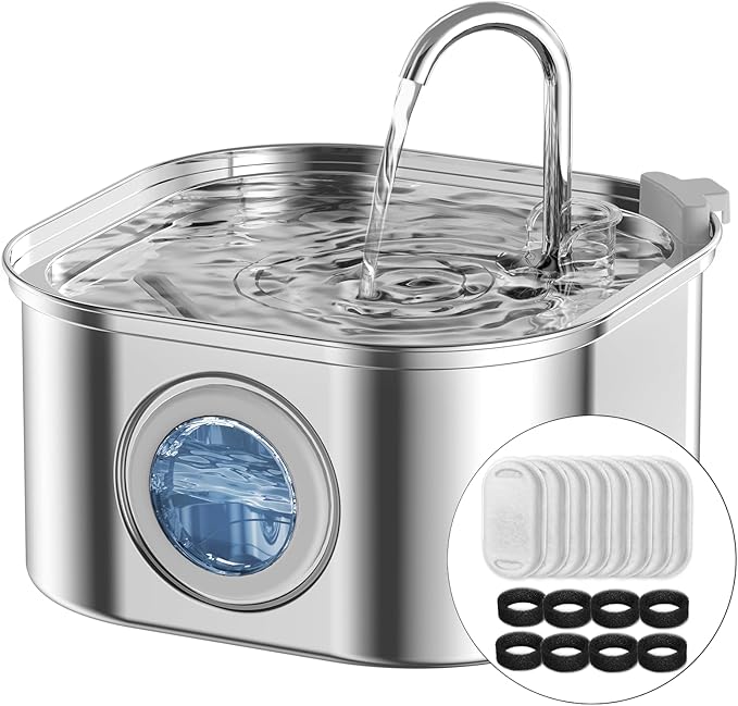Cat Water Fountain Stainless Steel: 108oz/3.2L Automatic Pet Water Fountain - Dog Water Dispenser with Water Level Window - for Cats Inside with 8 Replacement Filters and 8 Sponges