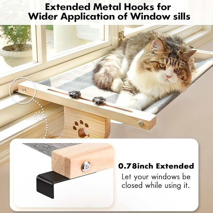 AMOSIJOY Cat Sill Window Perch Sturdy Cat Hammock Window Seat with Wood & Metal Frame for Large Cats, Easy to Adjust Cat Bed for Windowsill, Bedside, Drawer and Cabinet